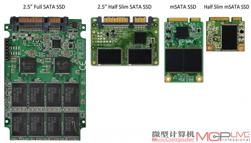 几种SSD的PCB规格比较。从左到右依次是标准SATA接口的2.5英寸SSD、半高SSD、全高mSATA SSD、半高mSATA SSD。