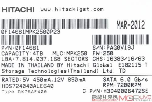 从标签可以看出硬盘的基本信息，如转速(7200r/min)，接口(SATA 6Gb/s)与产地(Thailand)等。