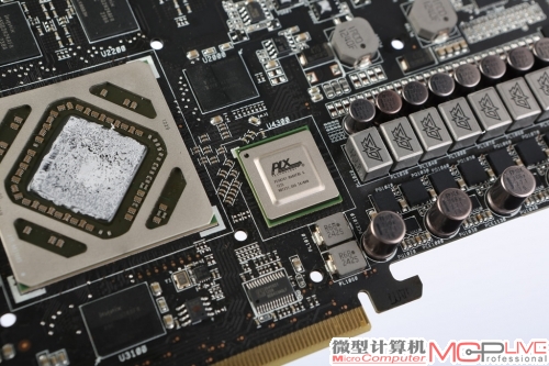 GPU桥接芯片采用了PLX的PEX-8747芯片，提供多达48条PCI-E 3.0通道，能轻松满足两个Tahiti核心间通信的双向PCI-E 3.0x16带宽需求。