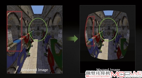 传统方式渲染画面(左)和多重分辨率着色渲染画面对比，传统方式渲染了太多不会显示的图像边缘，导致了性能浪费、帧率更低。